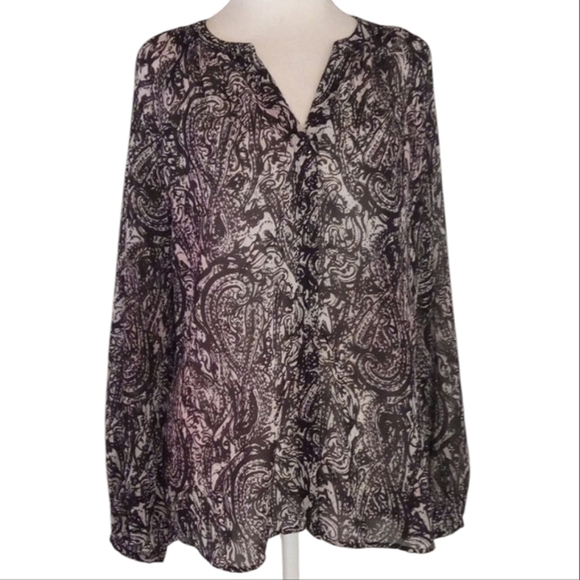 Kut From The Kloth Black & White Sheer Long Sleeve Split Collar Button Up Medium - Picture 2 of 10